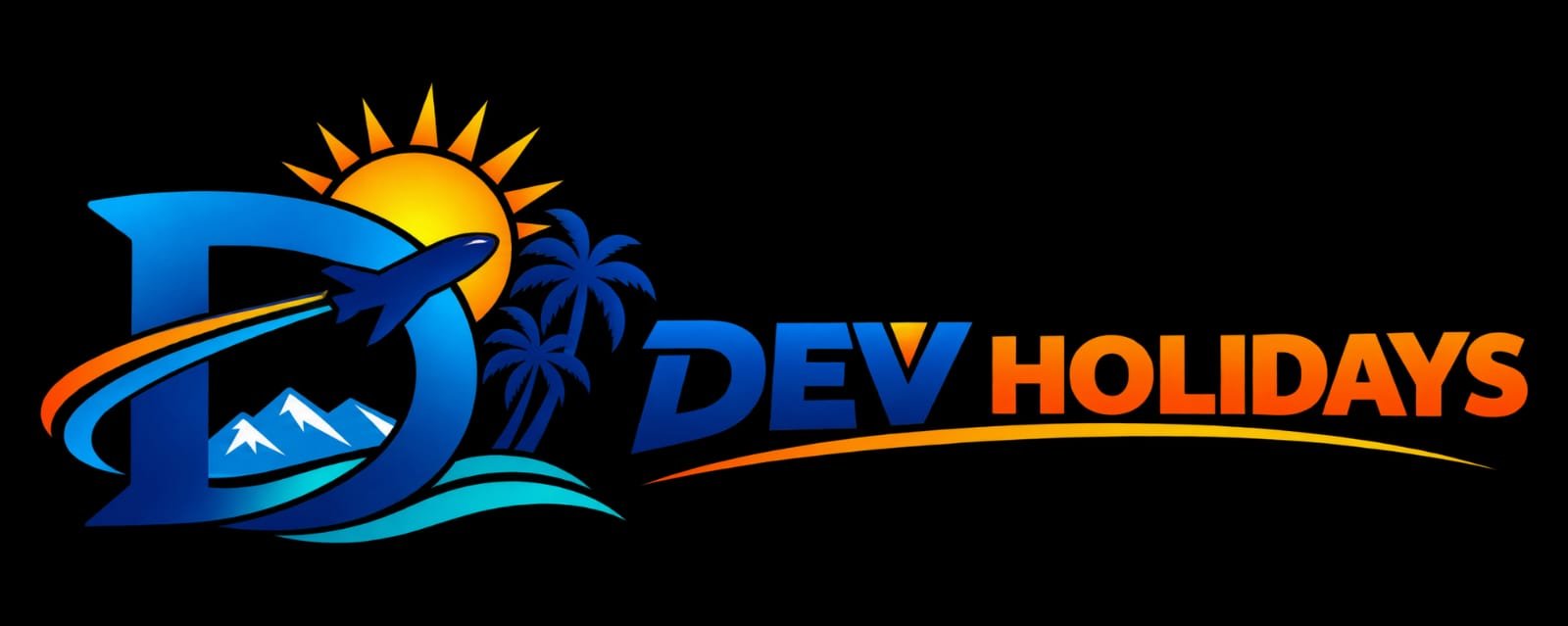 Dev Holidays logo featuring a plane, sun, mountains and palm trees